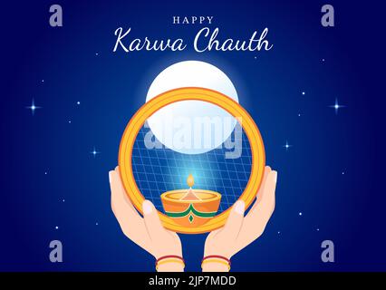 Karwa Chauth Festival Hand Drawed Flat Cartoon Illustrazione per iniziare la Luna Nuova vedendo la Luna nel mese di novembre dalle mogli per i loro mariti Illustrazione Vettoriale