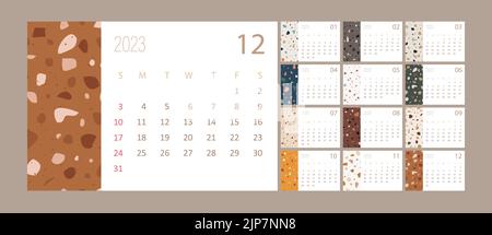 Calendario 2023 con texture sul terrazzo veneziano. Settimana a partire da domenica. Scrivania piatta o design minimalista. Modello vettore. Pronto per la stampa Illustrazione Vettoriale