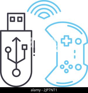 icona della linea del controller di gioco bluetooth, simbolo di contorno, illustrazione vettoriale, segnale concettuale Illustrazione Vettoriale