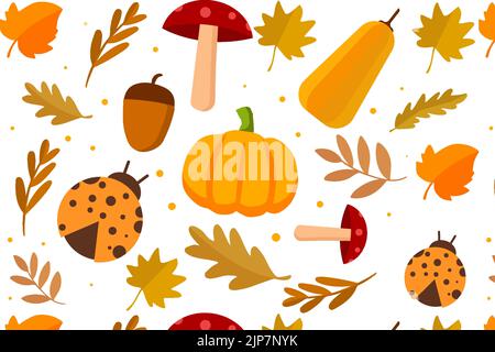 modello autunnale con frutta e foglie autunno, funghi e scarabeo Illustrazione Vettoriale