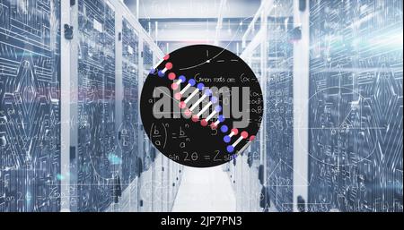 Immagine dell'elaborazione dei dati e del filamento di dna nella sala server Foto Stock