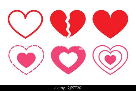 Rosso/Rosa forma piatta cuore amore impostato per amore, cura e simbolo rotto con stili diversi isolato su sfondo bianco. Breakup e simbolo di rottura del cuore. Illustrazione Vettoriale