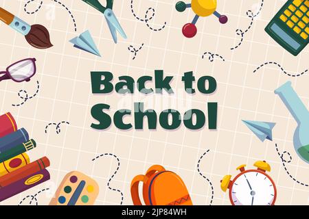 Modello colorato sfondo a scuola con diversi materiali di studio - libri, borsa e sveglia test tube pennello tubo. Illustrazione vettoriale d Illustrazione Vettoriale