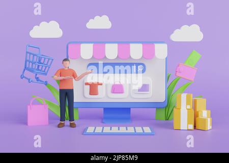 Shopping borse e sveglie su un background blu.Online shopping web concetto di ricerca. 3d rappresentazione di un computer portatile con borse e scatole per la spesa Foto Stock