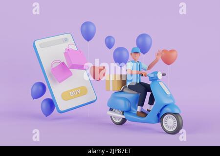 3d rendering del servizio di consegna rapida in scooter. Servizio di corriere consegna. Box pacchi impilati con concetto di servizio di trasporto logistico. Foto Stock