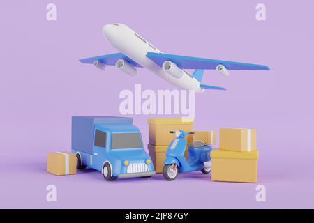 3d rendering del servizio di consegna rapida in camion, scooter, aereo. Aereo e camion con scatole di cartone. Servizio di corriere consegna. Foto Stock