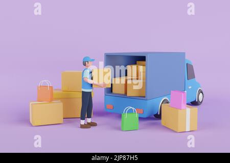 3D consegna del servizio di corriere. Consegna uomo e scatole. Corriere o servizio di consegna. Uomini caratteri con pacchi pacchetti boxes.3D rendering Foto Stock