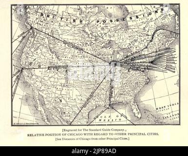 Posizione relativa di Chicago rispetto ad altre città principali del mondo dal libro Chicago, la città meravigliosa dell'ovest : una storia, un'enciclopedia ed una guida : 1893 : illustrato da John Joseph Flinn, editore Chicago : Flinn & Sheppard Foto Stock