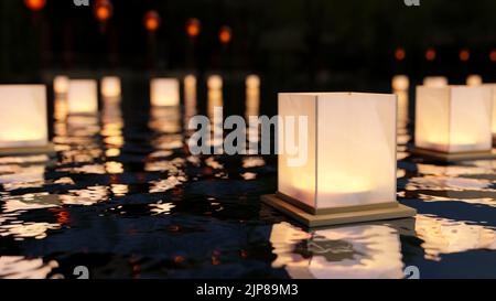 Una bella lanterna sull'acqua di notte. Loy Krathong Festival, lanterne di carta cinesi. rendering 3d, illustrazione 3d Foto Stock