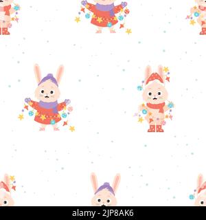 Modello senza cuciture con simbolo di 2023 anno. Conigli carini con ghirlanda di Natale e giocattoli su sfondo bianco con fiocchi di neve. Illustrazione vettoriale. 2023 Illustrazione Vettoriale