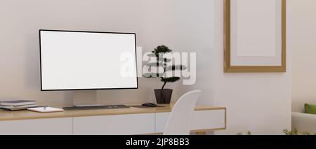 Spazio di lavoro minimo e confortevole, con moderno computer desktop mockup, arredamento e accessori su tavolo di legno contro la parete bianca. 3d renderi Foto Stock