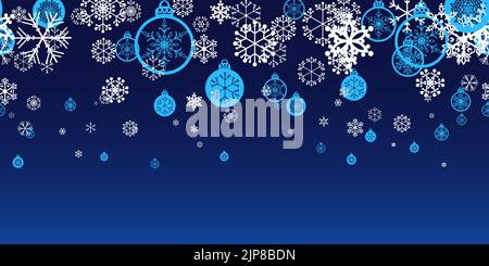 Palline di Natale blu con motivo, fiocchi di neve bianco senza cuciture motivo. Design moderno e piatto. Sfondo delle festività. Inverno sfondo infinito bordo. Cartoo Illustrazione Vettoriale