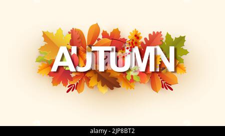 Ciao, autunno. Autunno con scritta con foglie di giallo autunno, arancio. Modello per la progettazione di banner, poster, pubblicità, cartoline, vendite. Vettore Illustrazione Vettoriale