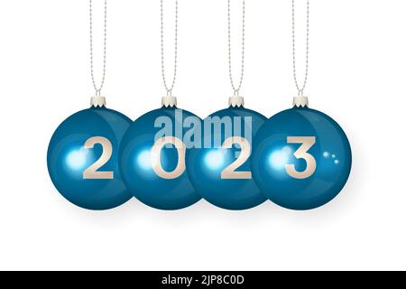 2023 palline blu di Capodanno. Giocattoli natalizi realistici e lucidi. Illustrazione vettoriale realistica Illustrazione Vettoriale