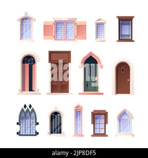 Porte e finestre vintage. Antichi elementi architettonici della facciata europea dettagliata, esterni con balcone retrò. Castello Vector e residenza retrò ingresso e finestre set. Edificio storico Illustrazione Vettoriale