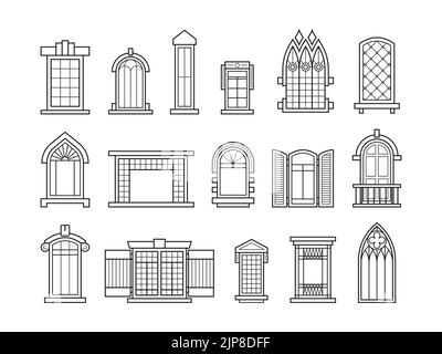 Linee vintage finestre. Disegno decorativo architettonico con archi e cornici, elementi di silhouette esterni. Set di finestre retro vettoriali. Edificio facciata oggetti isolati di bianco Illustrazione Vettoriale