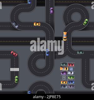 Schema dell'autostrada. Stampa senza interruzioni delle strade cittadine con incroci e incroci, vista aerea dei cartoni animati della carreggiata. Texture vettoriale. Veicoli su strade veloci e parcheggi Illustrazione Vettoriale