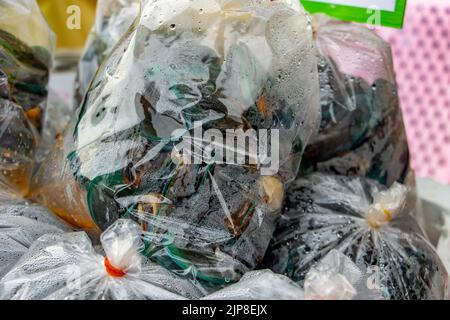 Cozze fresche in sacchetti di plastica per la vendita al mercato Foto Stock