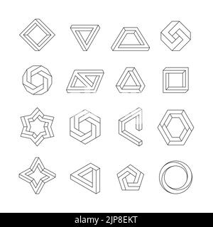 Cifre impossibili. Forme geometriche lineari astratte, infiniti oggetti ottici illusori, 3D triangolo cubico ed elementi grafici intrecciati esagonali. Set con isolamento vettoriale. Raccolta di strutture insolite Illustrazione Vettoriale