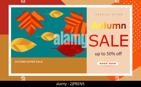Vendita autunnale poster digitale, banner promozionale con foglie rosse e arancioni. Forme geometriche, quadro quadrato. Vettore Illustrazione Vettoriale