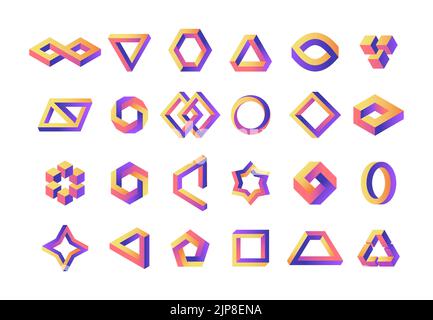 Geometria illusione. Prospettiva impossibile forme infinite, illusione ottica astratta elementi grafici moderni. Collezione di logo Vector Visual Paradox. Elementi colorati e irreali della struttura Illustrazione Vettoriale
