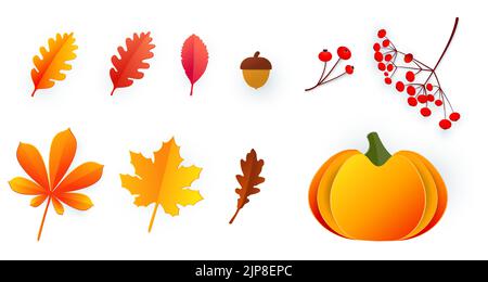 Ciao, autunno. Set di elementi autunnali in stile taglio carta. Foglie, bacche, ghiande, zucca. Modello per la progettazione di banner, poster, pubblicità Illustrazione Vettoriale