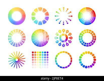 Cerchi colorati. Carte di forme diverse, spettro gradiente con pallette multicolore arcobaleno. Ruota colorata con tonalità e saturazione. Set con isolamento vettoriale. Combinazione mix o Harmony Illustrazione Vettoriale