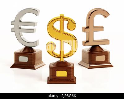 Oro, argento e bronzo simboli Dollaro, Euro e Sterlina su basi di legno. Illustrazione 3D. Foto Stock