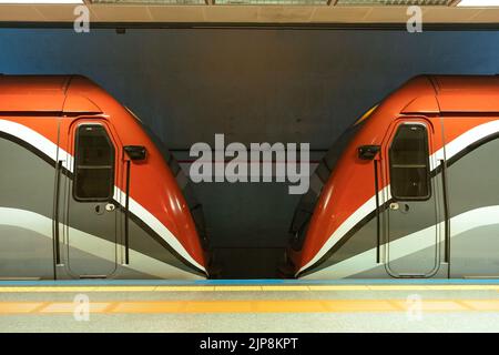 Il treno si fermò alla stazione. Vista ravvicinata dei carri. Foto Stock