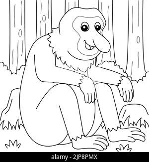 Proboscis Monkey Animal Coloring Page for Kids Illustrazione Vettoriale