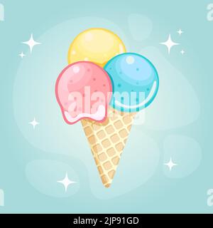 Delizioso gelato alla frutta con cialde su fondo sfumato. Palline di gelato al limone, alla fragola e alla menta. Illustrazione carina del vettore. Estate Illustrazione Vettoriale