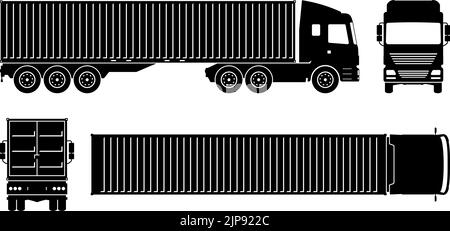 Silhouette del camion dei container su sfondo bianco. Le icone monocromatiche del veicolo consentono di impostare la vista laterale, anteriore, posteriore e superiore Illustrazione Vettoriale