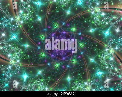 Fractal Fuochi d'artificio sfondo. Sfondo scintillante multicolore. Immagine generata dal computer. Movimento delle stelle magiche con tracce di particelle. grafica 3d Foto Stock