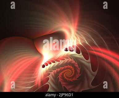 Spirali frattali e fori si attorcigliano e galleggiano nello spazio. Disegno 3d frattale astratto. Pattern a spirale ripetitivo, vortice ritorto. Rotazione simmetrica ricorsiva Foto Stock