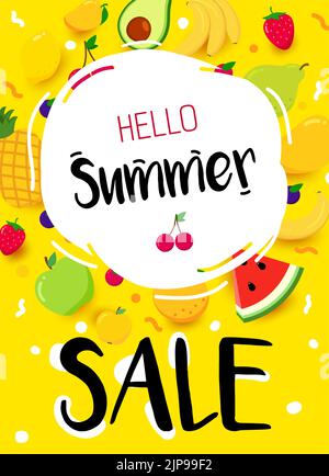 Poster estivo luminoso con frutta. Ciao estate. Progettazione banner layout sfondo. Sconti estivi. Concetto di scrittura con elementi estivi per il prodotto Illustrazione Vettoriale