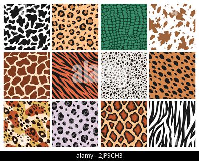 Motivi senza giunture animali. Mammiferi, pelliccia predatori, stampe in pelle rettile, sfondi in pelle, tessuto zebra giaguaro e tigre, giraffa e mucca naturale Illustrazione Vettoriale