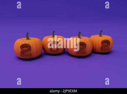 3D rendering di zucca di Halloween, 2022 testo, minimal Halloween sfondo elemento di design Foto Stock
