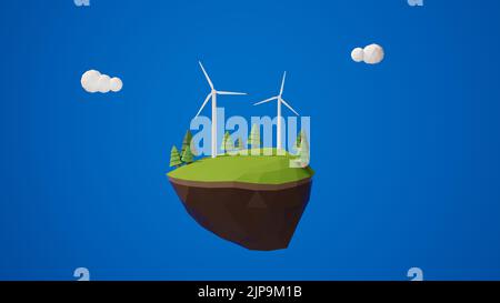 Illustrazione della centrale eolica posta su un'isola galleggiante con pini. Sfondo blu con nuvole. Concetto di fonte ecologica sostenibile di pow Foto Stock