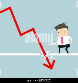 Uomo d'affari che guarda verso il basso la freccia in discesa. Definizione di crollo economico. Illustrazione Vettoriale