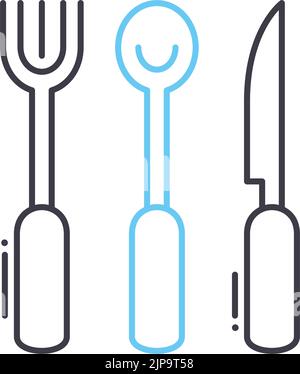 icona della forchetta del cucchiaio da cucina e della linea del coltello, simbolo del contorno, illustrazione del vettore, simbolo del concetto Illustrazione Vettoriale