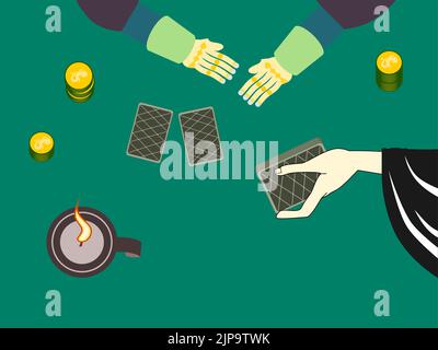 Primo piano vista dall'alto delle carte femminili che trattano le mani all'uomo che gioca al casinò Illustrazione Vettoriale