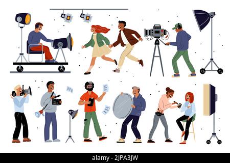 Industria cinematografica. Giorno lavorativo impostato. Produttori di produzione cinematografica. Direttore e operatori. Sfera di intrattenimento. Attori professionisti. Cinematografia Illustrazione Vettoriale