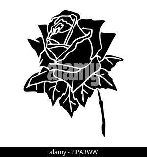 profilo nero di un primo piano in rosa su sfondo bianco, silhouette di un fiore, disegno grafico, design Foto Stock