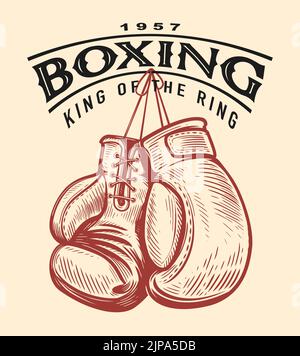 Boxing guanti schizzo. Fregio sportivo di pugilato retrò. Illustrazione vettoriale disegnata a mano in stile di incisione vintage Illustrazione Vettoriale