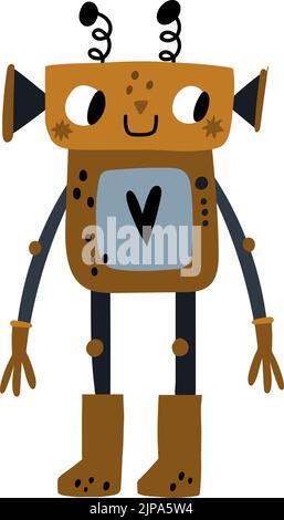 Robot divertente. Retrò droid arrugginito in stile infantile disegnato a mano Illustrazione Vettoriale