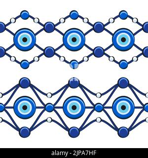 Set di modelli orizzontali senza giunture con occhio di fatima e perline. Illustrazione vettoriale. Illustrazione Vettoriale
