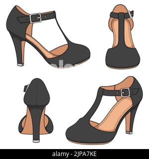 Set di illustrazioni a colori con scarpe femmina nere con chiusura sul tallone. Oggetti vettoriali isolati su sfondo bianco. Illustrazione Vettoriale