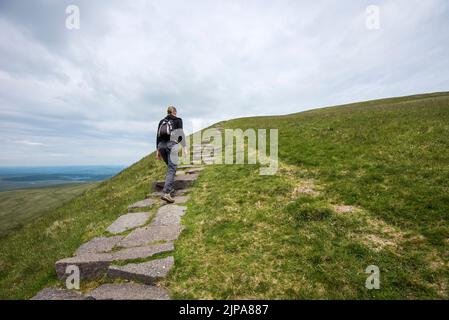 Una persona in un piccolo zaino si arrampica su gradini di pietra nei Brecon Beacons in Galles, Regno Unito Foto Stock