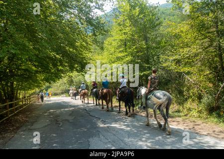 Abruzzo, Italia - 2022 agosto : persone a cavallo in una soleggiata giornata estiva nella regione alpina Appennini Foto Stock
