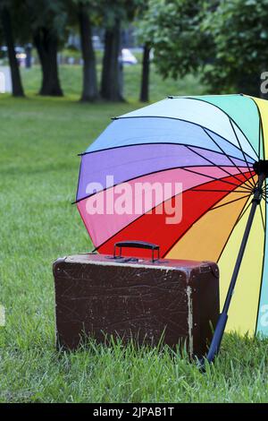 Una vecchia valigia e un ombrello arcobaleno in un bel posto verde. Immagine concettuale di un viaggio felice. Foto Stock
